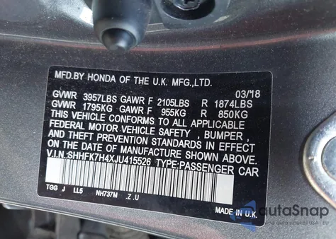 2018 Honda Civic Sport from USA, damaged, VIN SHHFK7H4XJU415526